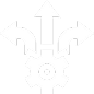 A gear with three arrows pointing left, up, and right, symbolizing direction and technology.
