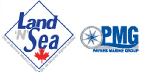 Logos of Land 'N' Sea with a maple leaf and diamond shape, and Paynes Marine Group featuring a compass design.