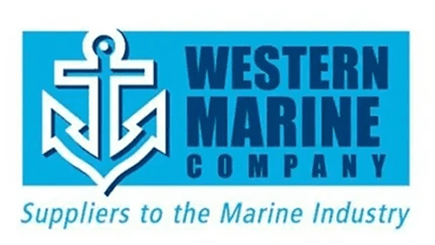 Logo of Western Marine Company, featuring an anchor icon and the text "Suppliers to the Marine Industry" on a blue background.