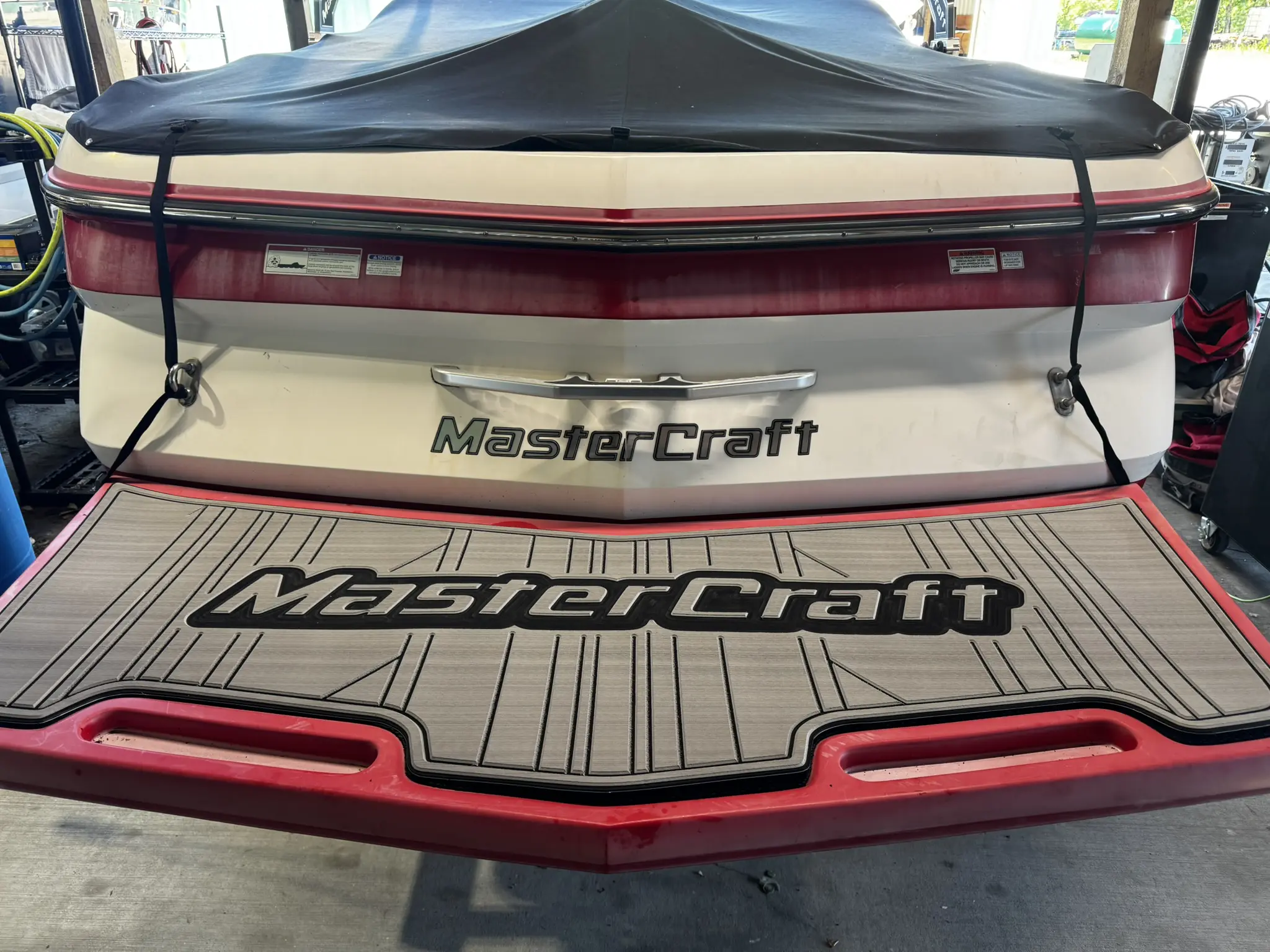 Back of MasterCraft boat with logo.