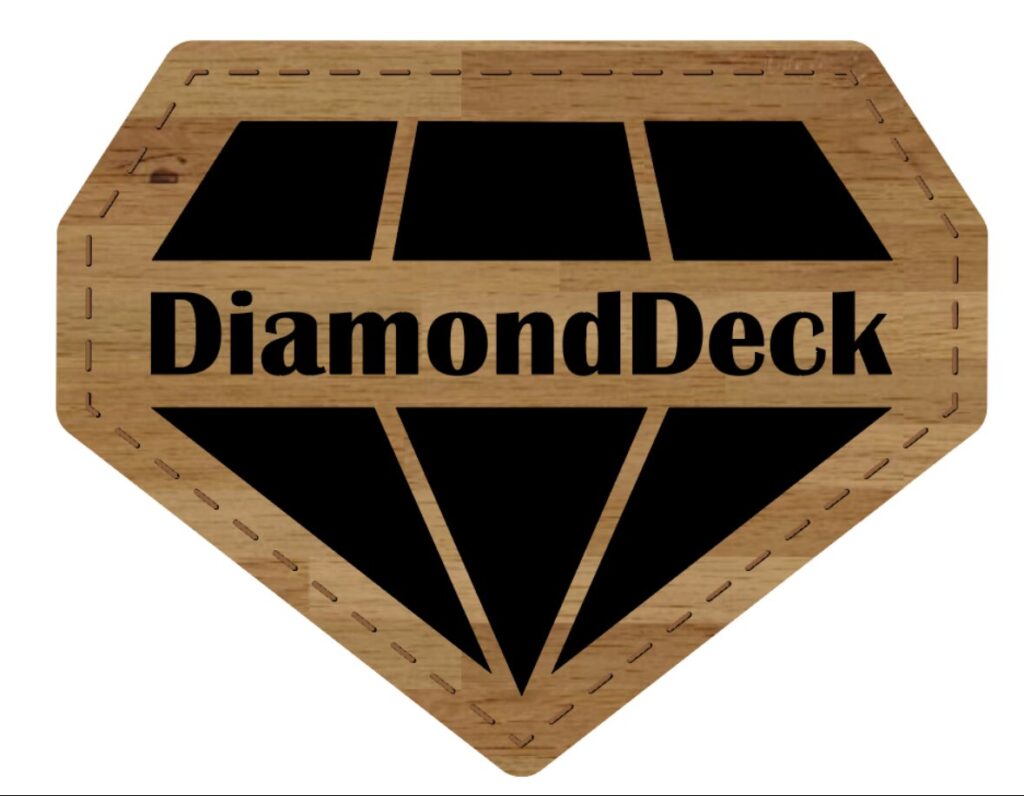 A wooden diamond-shaped sign with 'DiamondDeck' written on it.