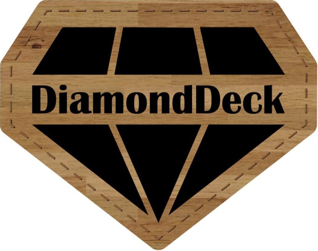 A wooden diamond-shaped sign with 'DiamondDeck' written on it.